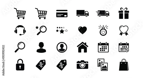 Collection of black icons depicting shopping technology and love silhouette