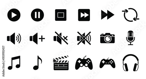 Collection of black media player and audio control icons silhouette
