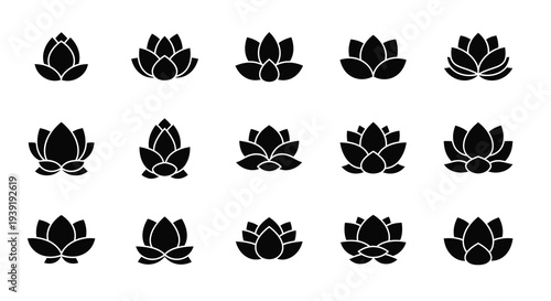 Collection of black lotus flower shapes in various arrangements silhouette