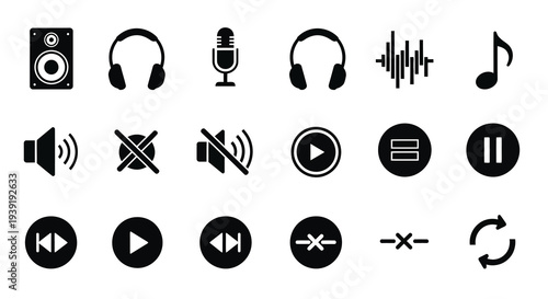 Collection of black audio and music related icons a silhouette