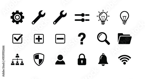 Collection of black glyph icons representing tools concepts and ideas silhouette