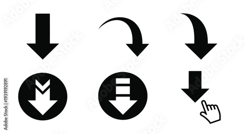 Black arrow and download icons with a hand simple silhouette