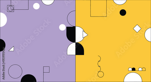 Abstract geometric shapes and a cat silhouette against a two tone background