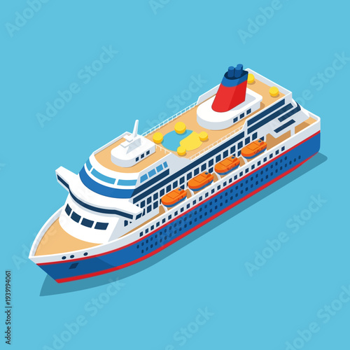 Isometric illustration of a luxury cruise ship sailing on the ocean.