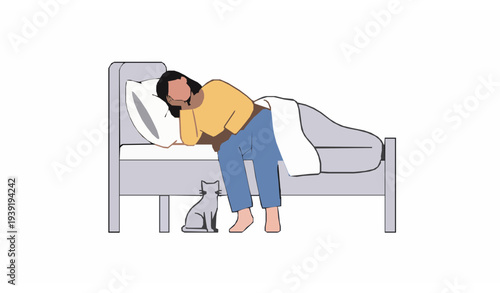 Depressed Girl Lying in Bed with Cat Mental Health Cartoon Illustration