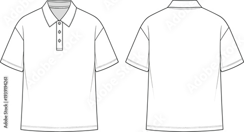 Men polo shirt technical flat sketch front and back view, short sleeve collared t-shirt vector apparel design template