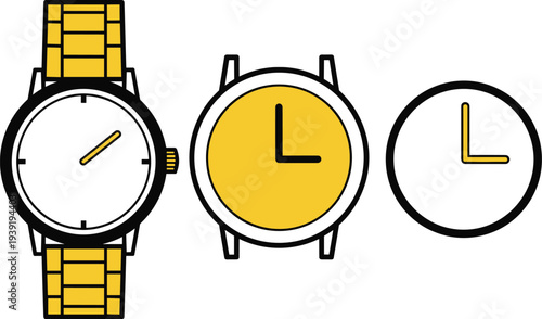 Analog Wristwatch and Clock Face Set Classic Timepiece Watch Dial Vector Illustration