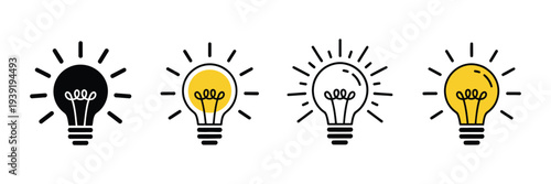 Linear glowing light bulb icon vector illustration, doodle style, bright idea and innovation symbol, white background