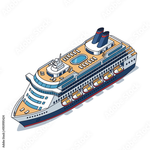 Isometric illustration of a luxury cruise ship with multiple decks and lifeboats.