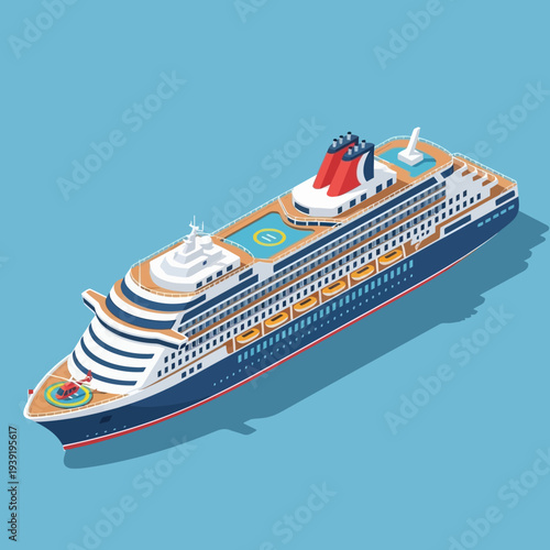 Isometric illustration of a large luxury cruise ship sailing on calm waters.