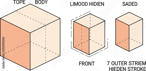 Various 3D Cube Illustrations Featuring Different Perspective Views Shaded Faces and Hidden Line Strokes for Technical Drawing and Geometric Design.