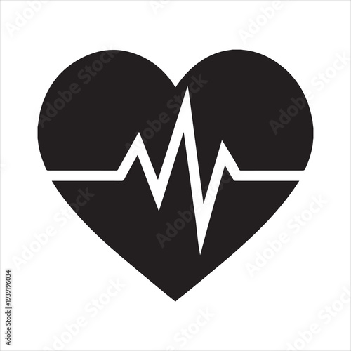 A black heart shape with a white heartbeat line inside on a plain white background isolated in the center