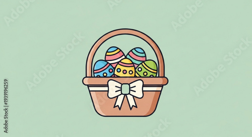 Colorful easter eggs in a basket with white bow on a pastel green background illustration
