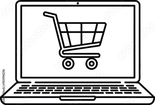 E commerce shopping cart on laptop screen icon