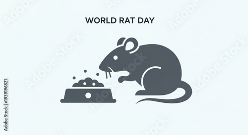 Rat eating from a food bowl illustration for world rat day celebration with simple design and dark gray color scheme
