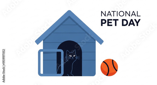 Black cat in blue doghouse with basketball for national pet day celebration simple flat design white background and bold text