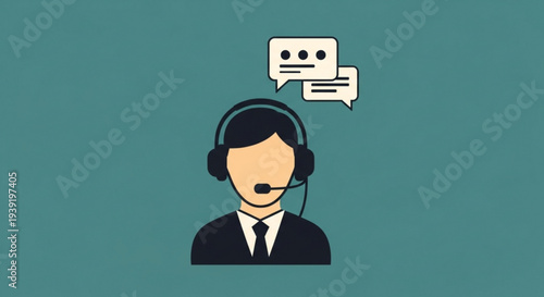 Customer service representative wearing headset with chat bubbles against teal background symbolizing communication and support