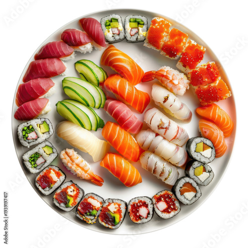 An appealing array of various sushi and sashimi on a white plate on transparent background