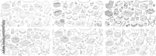 A detailed doodle of picnic essentials featuring baskets, blankets, and food items in a cheerful, playful style.