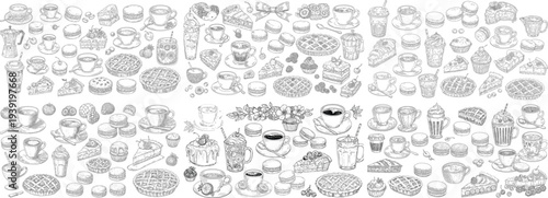 A detailed hand-drawn illustration featuring various desserts, drinks, and pastries, evoking a sweet atmosphere.