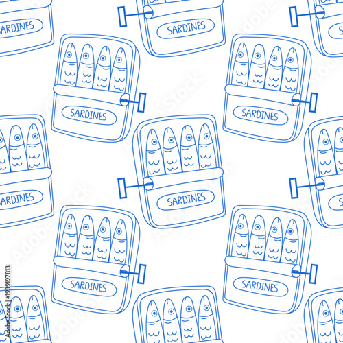 A cute seamless pattern with blue open sardine cans . Backdrop, wallpaper, fabric, notebook cover template