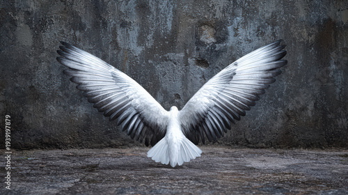 A beautiful white bird stretches its wings in front of a weathered stone wall, creating a striking and powerful image of freedom and grace in nature's embrace.