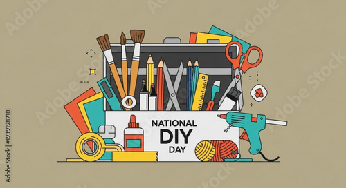 Colorful illustration of craft supplies and tools celebrating national diy day with creative materials