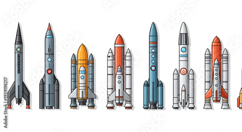 Collection of various rockets and space shuttles lined up.
