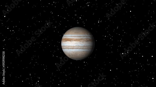 Detailed jupiter planet rotation animation with swirling gas giant surface, detailed planetary science visualization inside deep space star field, realistic space exploration motion background.