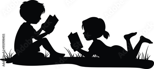 Children reading books silhouettes, kids reading together outdoor scene, boy and girl learning, childhood education concept, early literacy activity, student study vector illustration