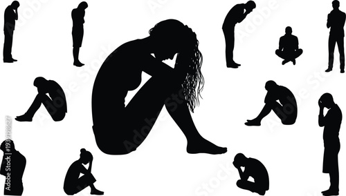 Depressed people silhouettes collection, sadness anxiety and stress body language poses set, mental health concept, emotional pain, psychological struggle vector illustration