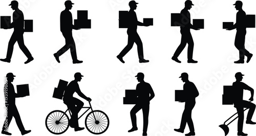 Delivery worker silhouettes collection, courier carrying packages and boxes set, logistics shipping service concept, parcel delivery staff transport vector illustration