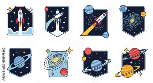 Space exploration rocket ship and planet emblems collection.