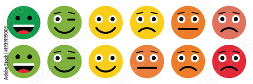 Emoticons icons vector illustration, emoji faces flat style, happy smile neutral sad angry expressions, line smiley face symbols, emotion and mood graphic design.