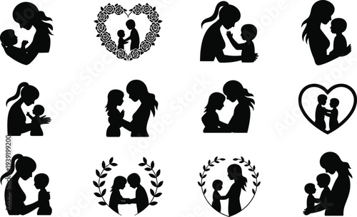 Mother and child love silhouettes set, motherhood care parenting moments collection, Mother’s Day family affection symbols, maternal bond vector illustration