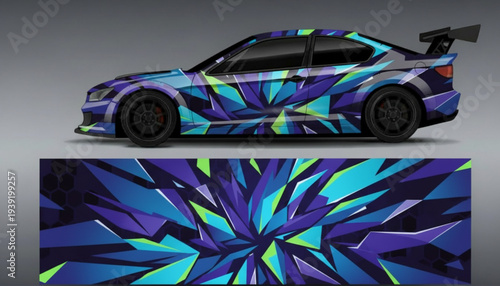 A sports car with a vibrant geometric shattered pattern wrap design.