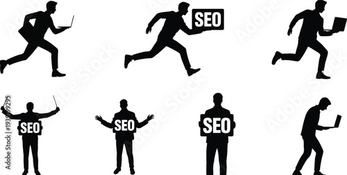 SEO specialist and digital marketing silhouettes set, businessman running with laptop and SEO sign, search engine optimization concept, online marketing vector illustration