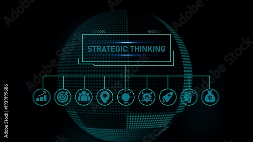 Strategic thinking concept with globe and on black background flowchart business planning