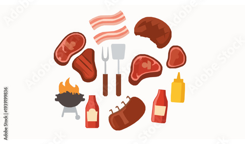 Flat barbecue grill meat food icon collection with bacon steak ribs ketchup mustard sauce bottles vector set