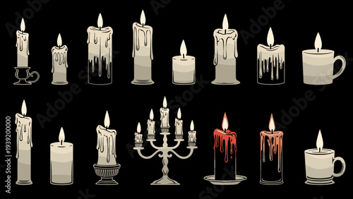 Ornate Candle Collection: Vintage Vector Illustration for Halloween, Gothic Themes, and Mystical Designs - A Variety of Decorative Lit Candles on Black Background