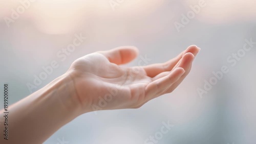 Close up of open human hand with blurred soft background showing gesture of giving or receiving