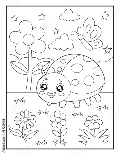 Wallpaper Mural Cute Ladybug Coloring Page for Kids. Simple Cartoon Insect Line Art Printable Activity Sheet for Children. Torontodigital.ca
