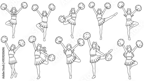 Cheerleading Squad Line Art: A Black and White Vector Illustration of Energetic Cheerleaders in Action, Perfect for Sport Designs, Team Spirit Graphics, and School-Themed Projects