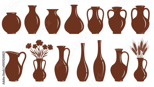 Rustic Pottery Collection: Vector Silhouettes of Vases, Jugs, and Vessels for Home Decor, Pottery Workshop Branding, Farmhouse Kitchen Art, and Mediterranean Style Designs, Brown on White