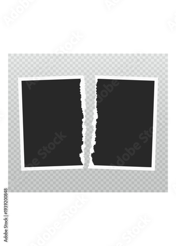 A black blank photo frame torn in half with rough deckle edges. Perfect for concepts of separation, broken relationships, or vintage memories.