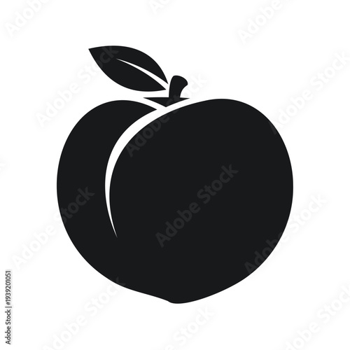 Black Silhouette of a Peach with Leaf fruit isolated