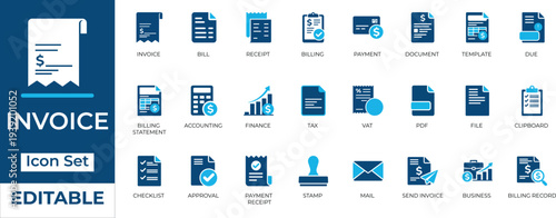 Editable invoice, billing, and finance vector icon set. Flat modern designs for accounting, tax, payment, and business UI and UX projects.