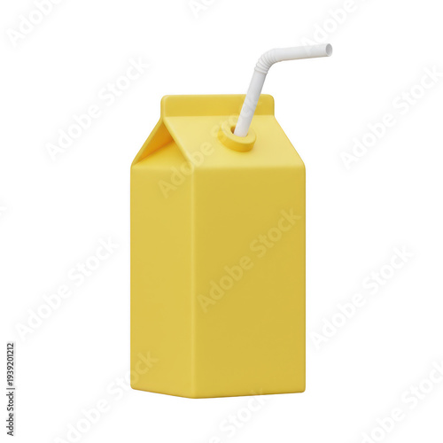 3D rendered bright yellow milk carton with white straw isolated on transparent background