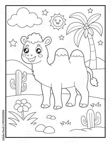 Wallpaper Mural ute Desert Camel Coloring Page for Kids. Simple Cartoon Camel with Cactus and Palm Tree Line Art Printable Activity Sheet for Children. Torontodigital.ca
