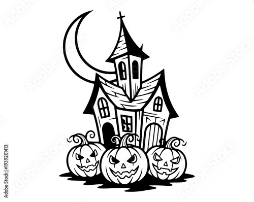 “Hand-drawn black and white illustration of a Halloween themed interior scene, arched window with large spider web pattern, hanging lanterns and charms, pumpkins and vases with plants, wooden floor, c